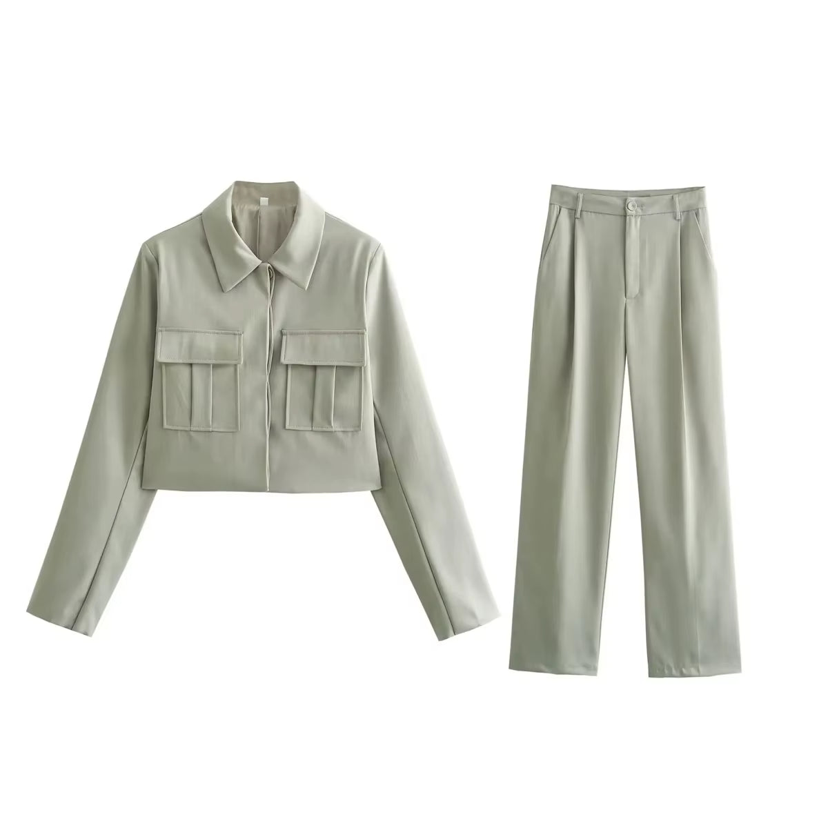 2024 Autumn Women'S Suit Female Double Pockets Chic Jacket + Wide Leg Pants Women Outfit Two-Piece Set Lady Pant Sets