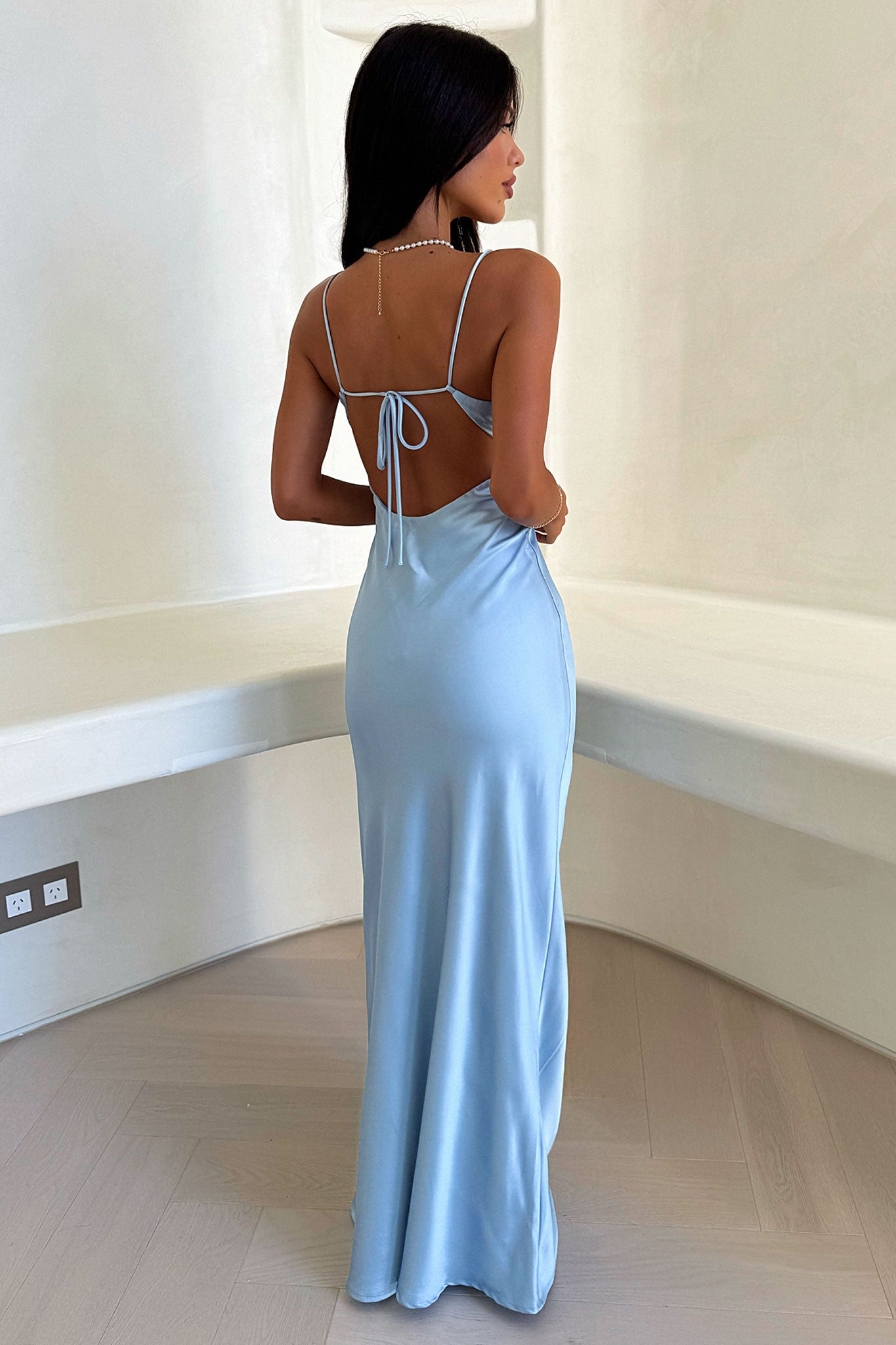 Satijnen Maxi Jurk met V-hals - Blauw